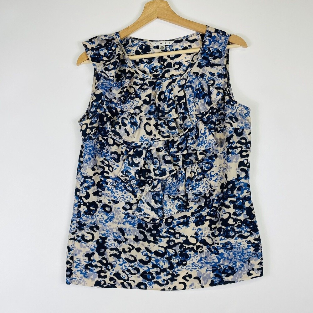Cabi Ruffle Front Blouse Womens Small Blue Animal Print Silk Chic Professional
